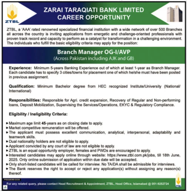 Latest Zarai Taraqiati Bank Limited ZTBL Bank Posts Islamabad 2025 – Apply Online