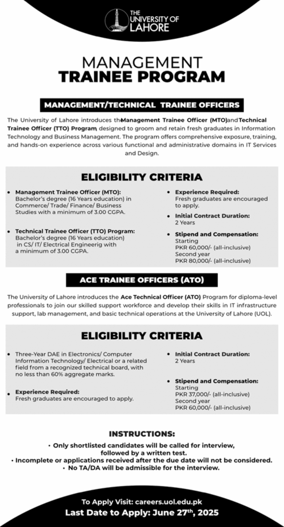 University of Lahore Jobs - Management Trainee Program 2025